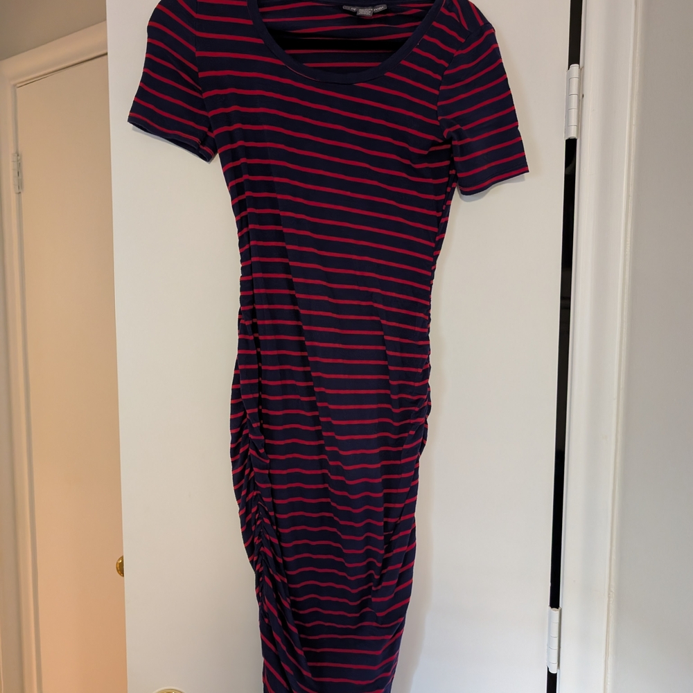 A Pea in the Pod Navy and Pink Striped Midi Dress